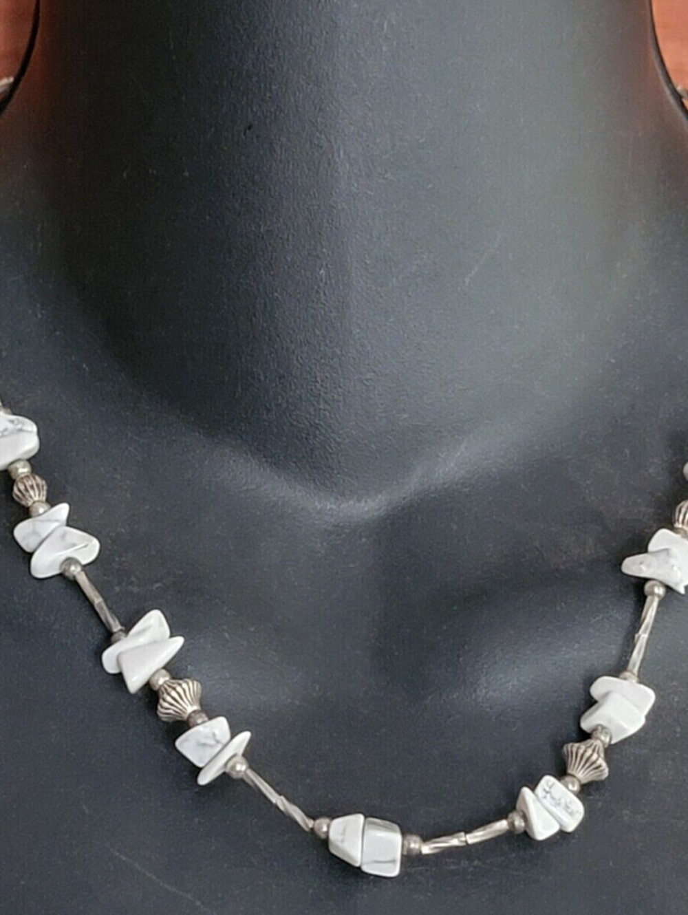 Vintage Boho Choker Necklace Botswana Agate Silver-tone 18"  Beaded‎ wh01-22